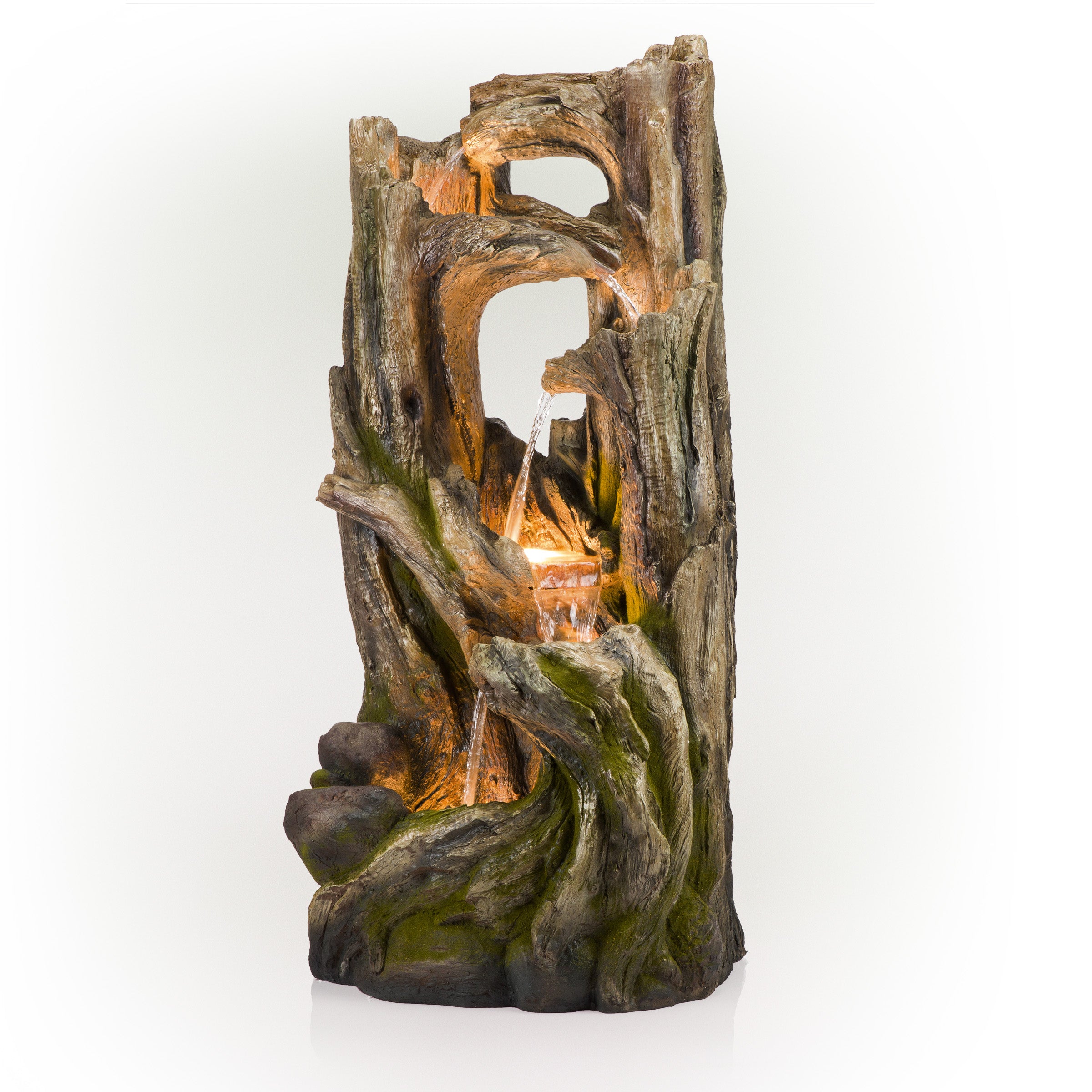 Alpine Corporation 59-inch Outdoor 5-Tier Tree Bark Fountain with White LED Lights