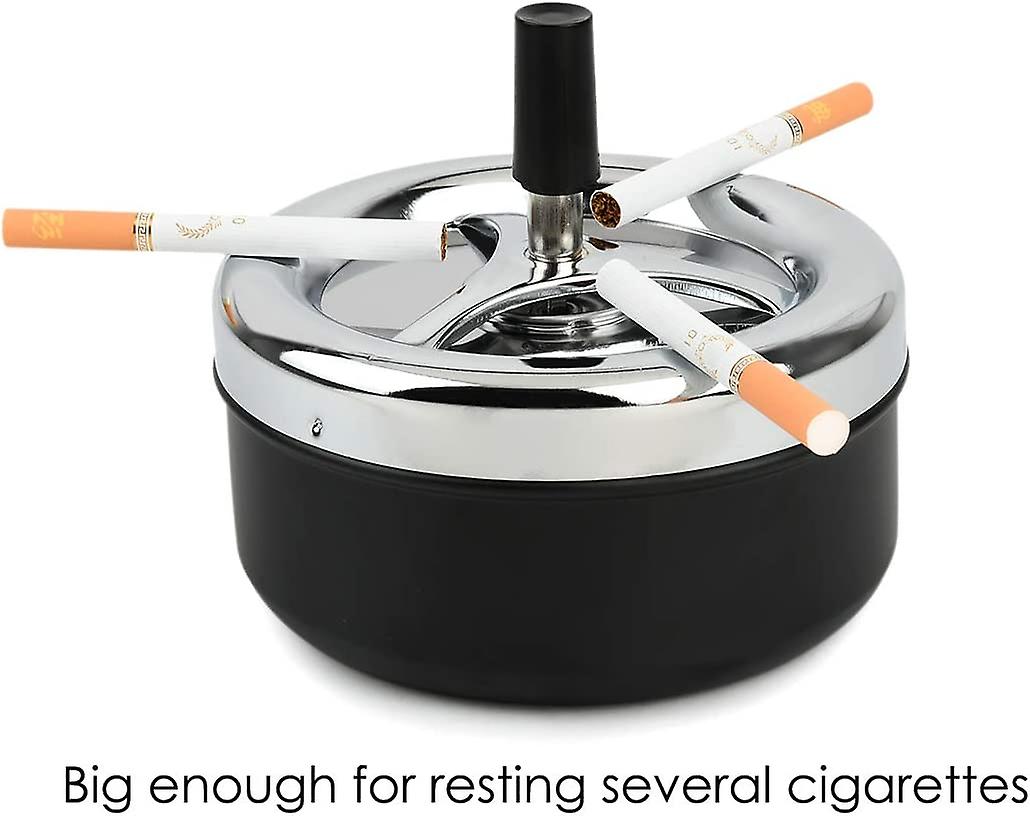 Round Push Down Ashtray With Spinning Tray Metal Cigarette Ash Tray Large 5.2 Inches Home Ashtray For Outside Patio - Black