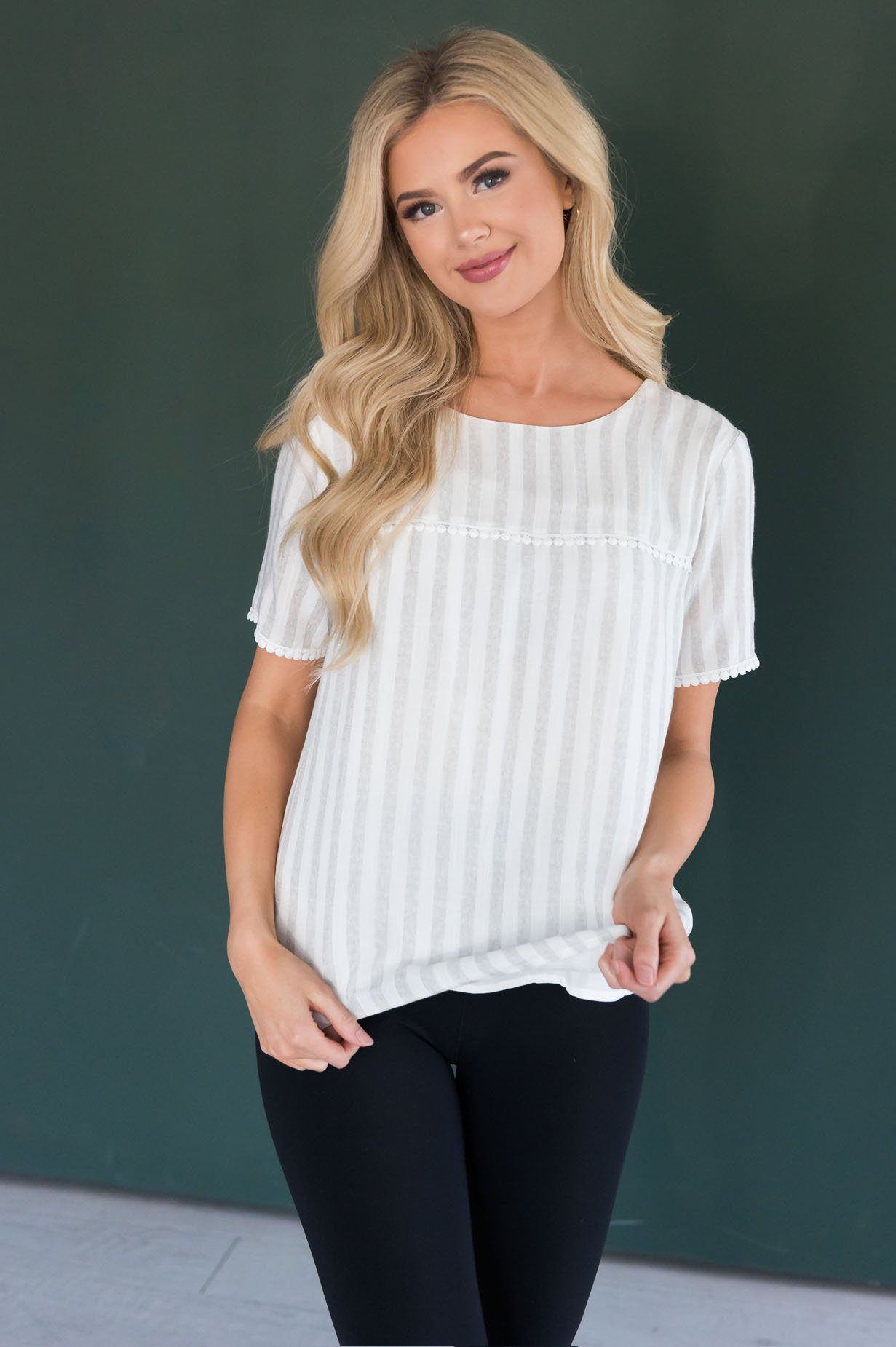 The Almighty Pom Detail Striped Modest Blouse