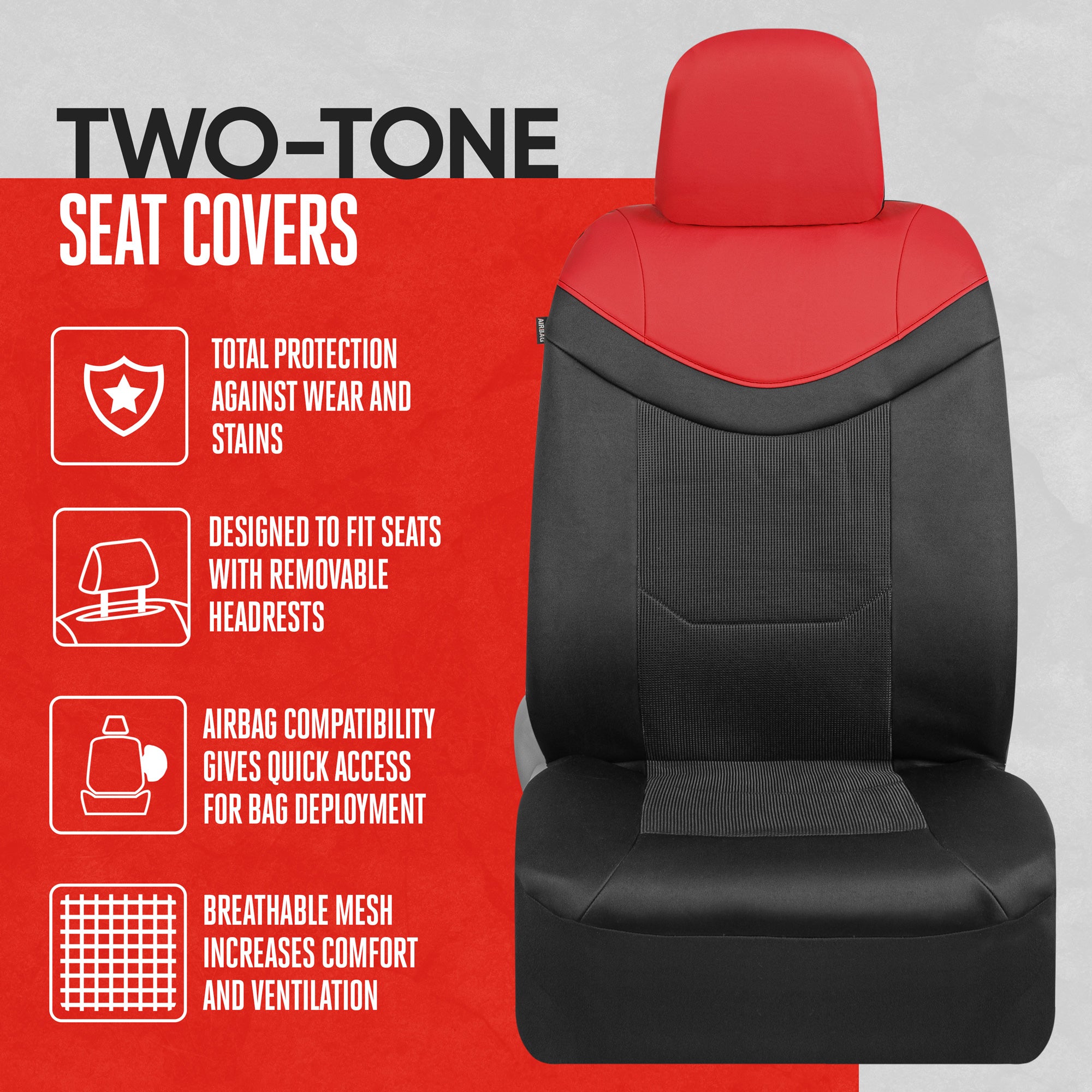 Motor Trend Premium LuxeSport Red Car Seat Covers for Front Seats – Luxury Sport Design with Breathable Mesh Seat and Faux Leather Headrest， Universal Fit Seat Covers for Car Truck Van SUV