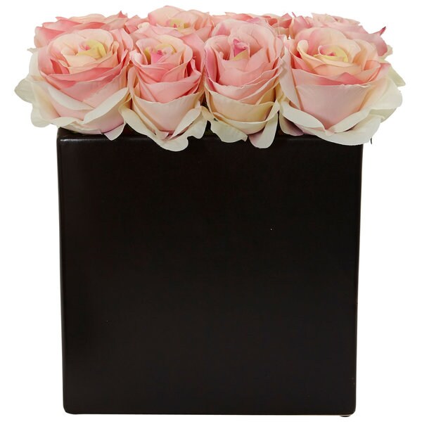 Nearly Natural Roses Arrangement in Black Vase