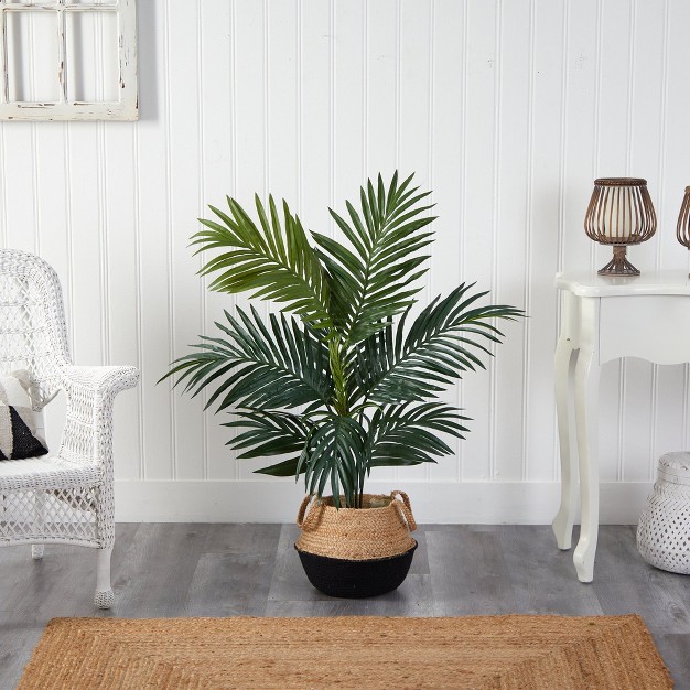 Nearly Natural 4-ft Kentia Palm Artificial Tree In Boho Chic Handmade Cotton and Jute Black Woven Planter