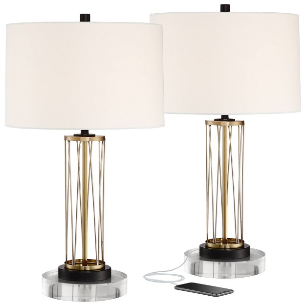 Tall Gold Metal Usb Charging Ports White Drum Shade For Bedroom Living Room Home