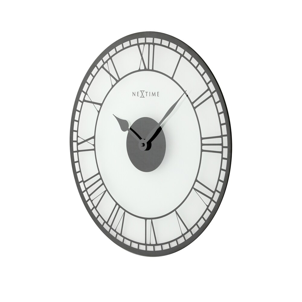 Unek Goods NeXtime Big Ben Decorative  Round Wall Clock  Black Hands on Frosted Glass  Black Roman Numerals  Battery Operated