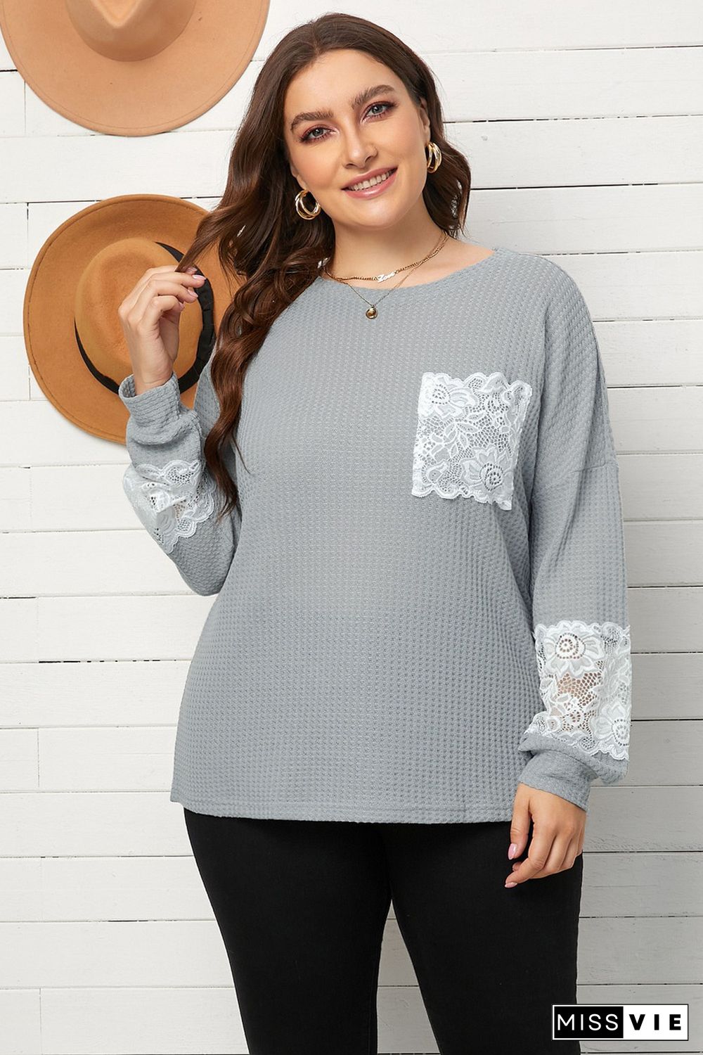 Gray Lace Patchwork Waffle Knit Plus Size Blouse