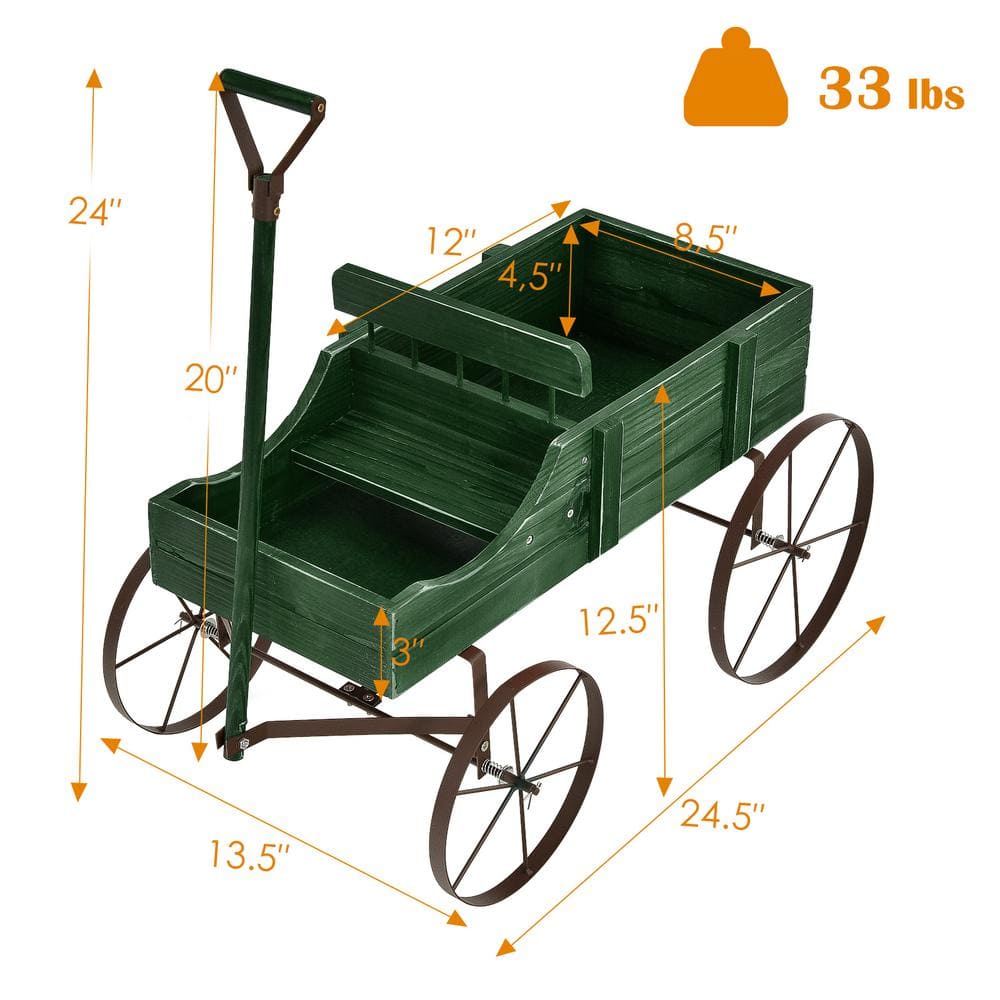 HONEY JOY Wooden Garden Flower Planter Wagon Wheel Plant Bed Decorative Garden Planter for Backyard Garden Green TOPB004890