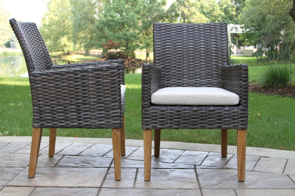 5 Piece Nautical Teak  Slate Brown Wicker and Composite Dining Set  Sunbrella   Tropical   Outdoor Dining Sets   by Outdoor Interiors  Houzz