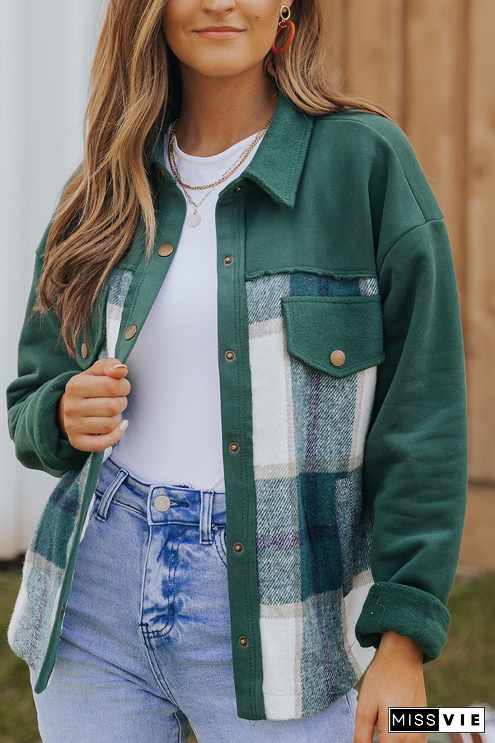 Green Snap Button Splicing Plaid Jackets