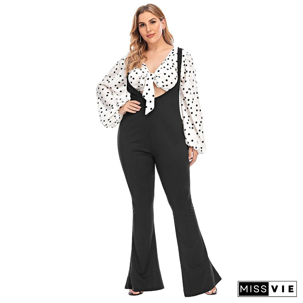 Sale Women Two Piece Set Puff Sleeve Crop Tops Bib Pants Polka Dot Shirts Elegant Clothing Bell Bottom Pant 6Xl Plus Size D30