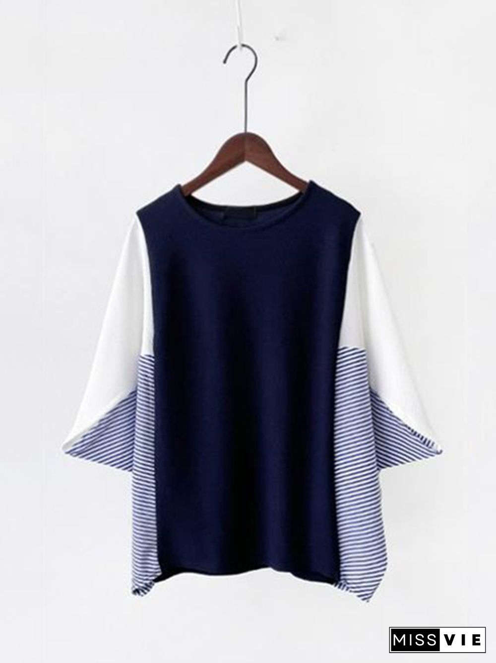 Batwing Sleeves Loose Contrast Color Split-Joint Round-Neck T-Shirts Tops