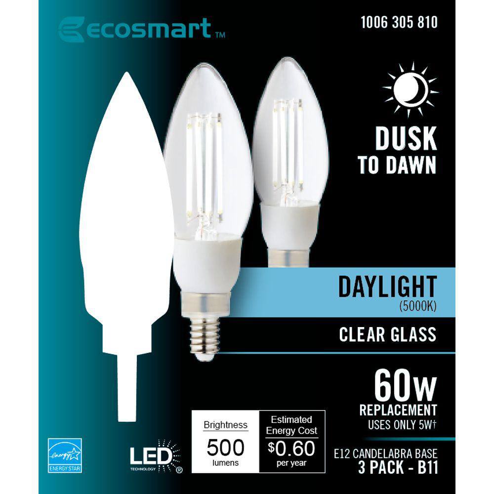 EcoSmart 60-Watt Equivalent B11 E12 Candelabra CEC Cage Filament Dusk to Dawn LED Vintage Edison Light Bulb Daylight (3-Pack) B11C5LNE12950Z