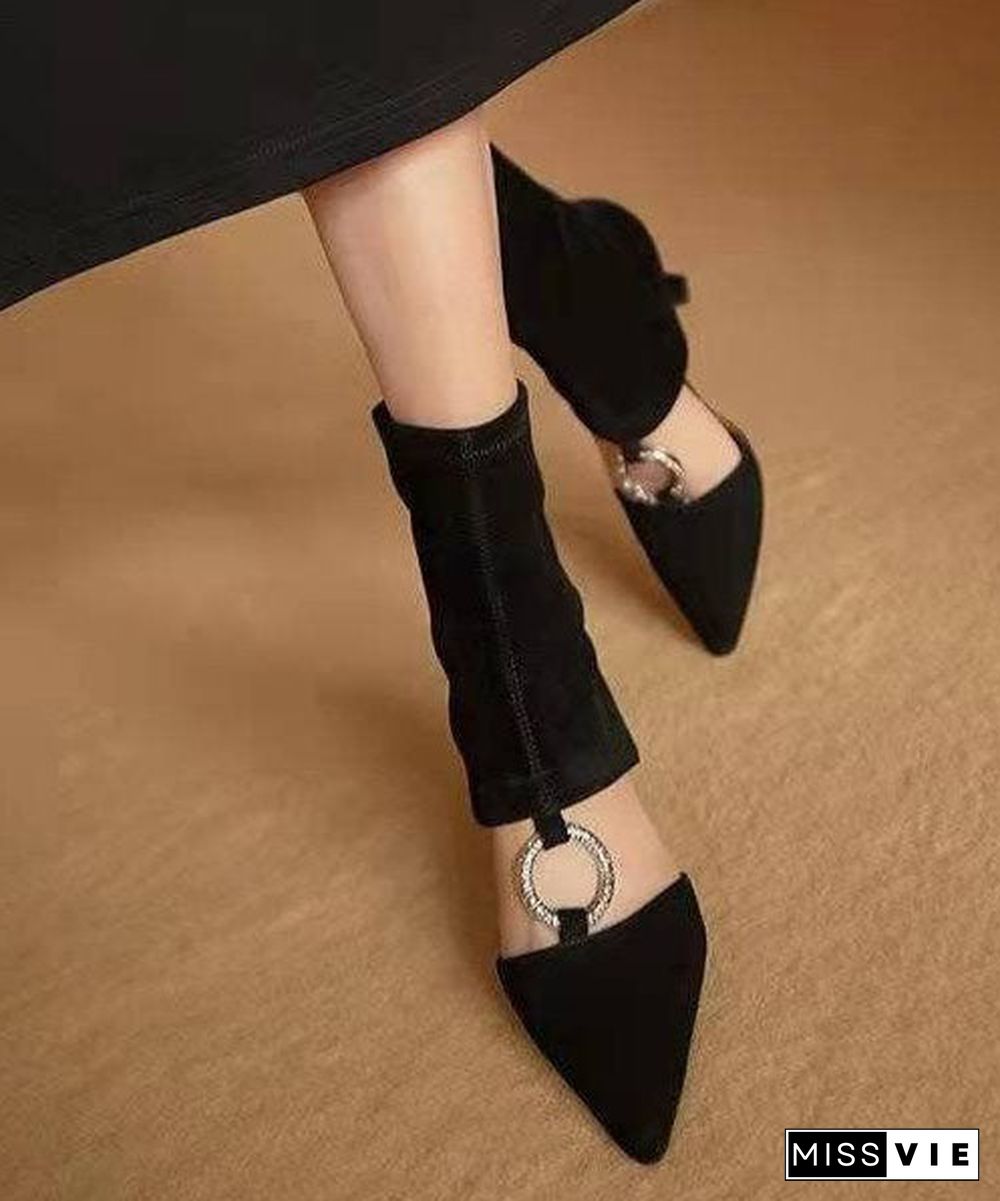 Art Splicing Zircon Hollow Out Pointed Toe Boots Black Suede