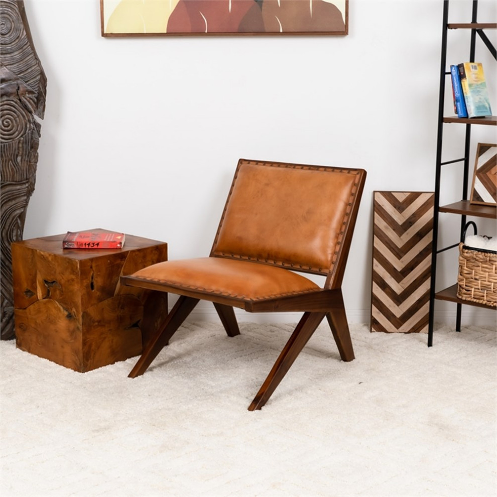 Saban Mid Century Modern Furniture Style Wide Top Leather Tan Comfy Armchair   Midcentury   Armchairs And Accent Chairs   by Homesquare  Houzz