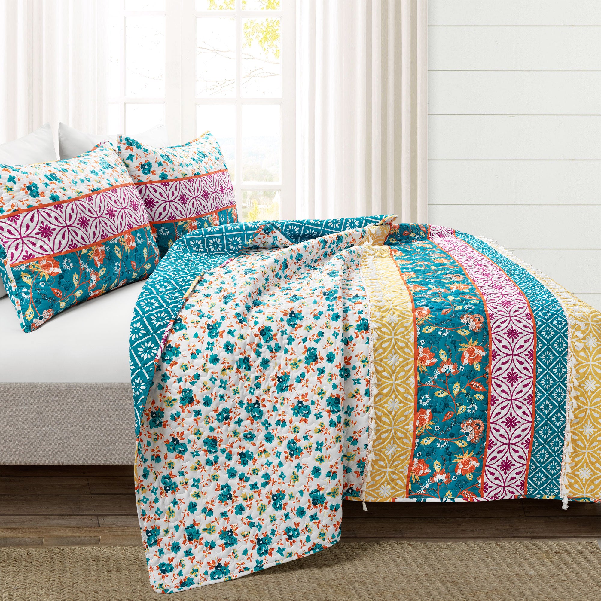 Emily Boho Stripe Reversible 3 Piece Quilt Set