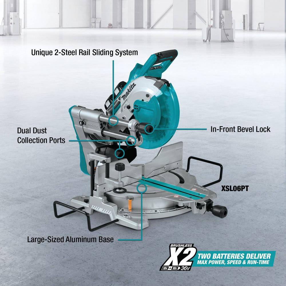 Makita 18V 5.0Ah X2 LXT Lithium-Ion (36V) Brushless Cordless 10 in. Dual-Bevel Sliding Compound Miter Saw with Laser Kit XSL06PT