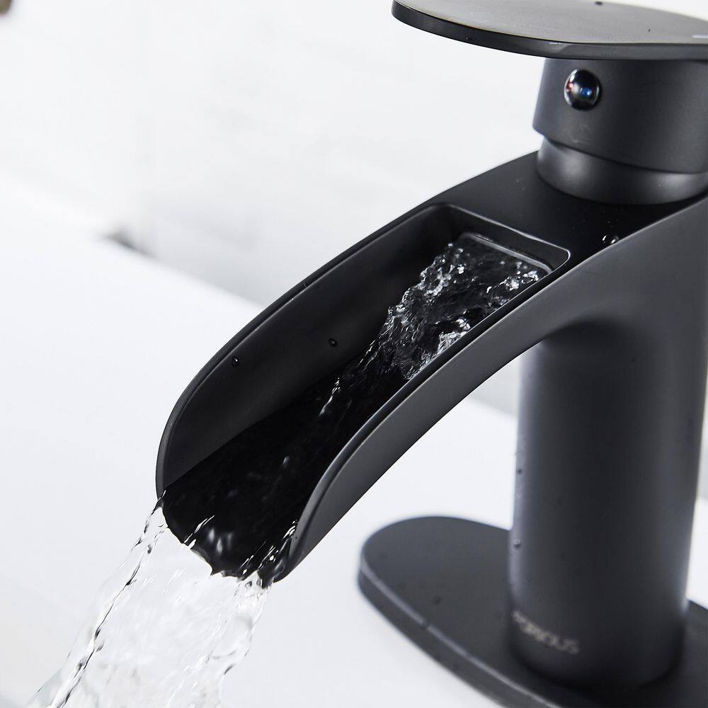 FORIOUS Waterfall Single Handle Bathroom Faucet with Metal Pop-Up Drain Bathroom Sink Faucet Matte Black in Bathroom HH0302BD