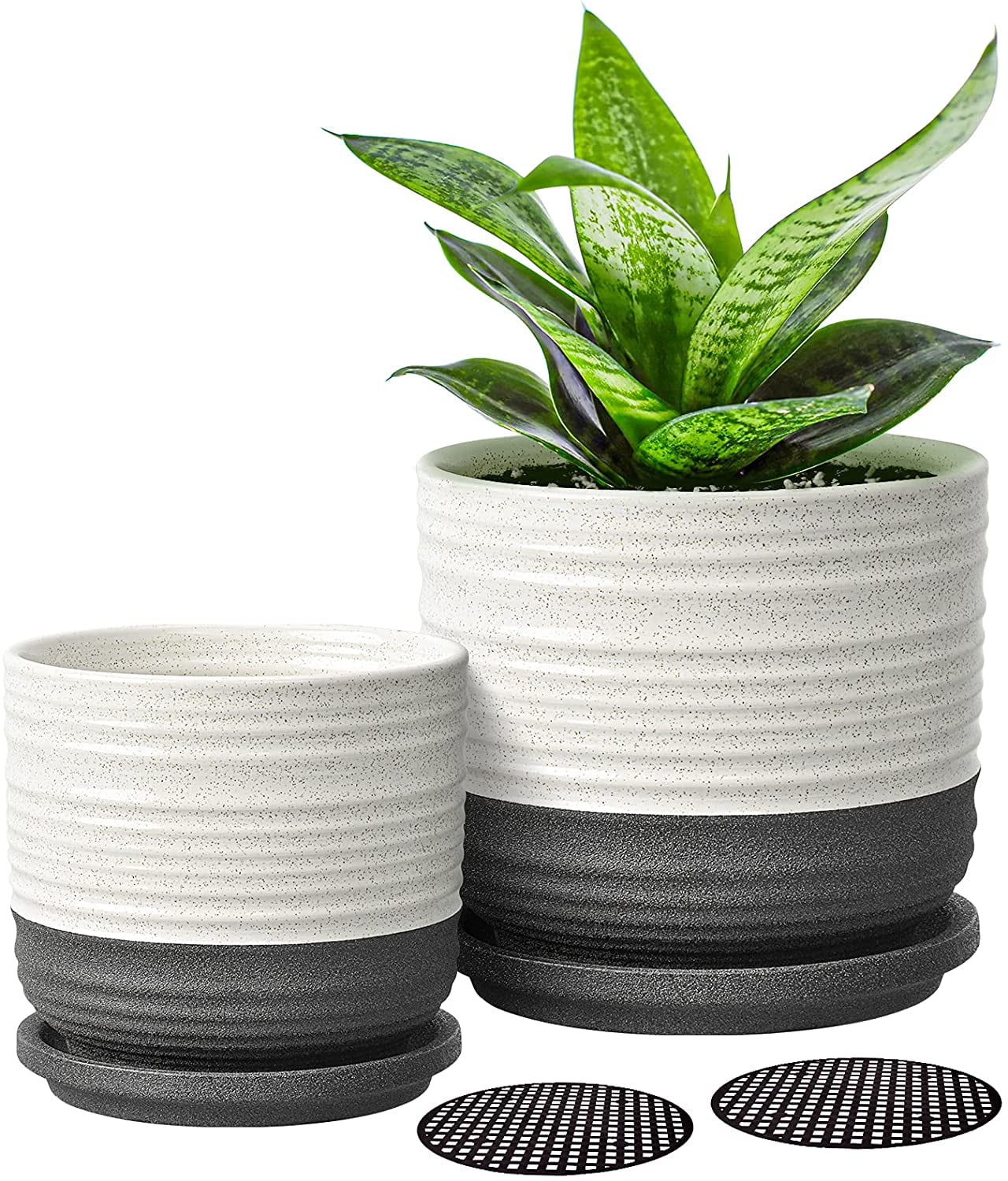 2 Plant Pots, 6 Inch + 4.75 Inch Ceramic Planters Pots with Drainage Hole and Saucers for Succulents Cactus Herbs Aloe Bamboo Plants Indoor