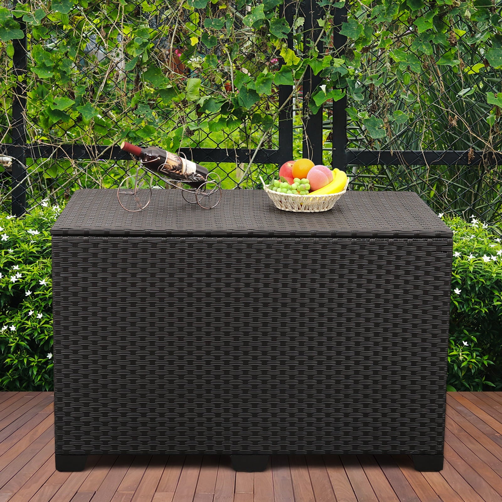 Waroom Outdoor Wicker Storage Box, 150gal Waterproof Deck Bin with Steel Frame and Lid, Black