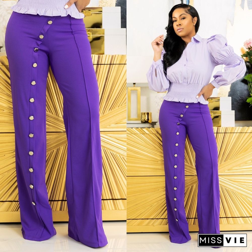 High Waist Solid Elastic Waist Flare Pants