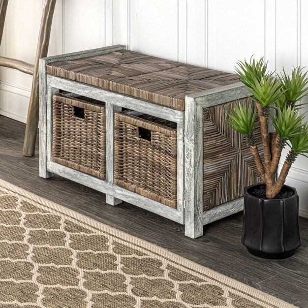 2 Drawer Wicker Storage Bench Gray