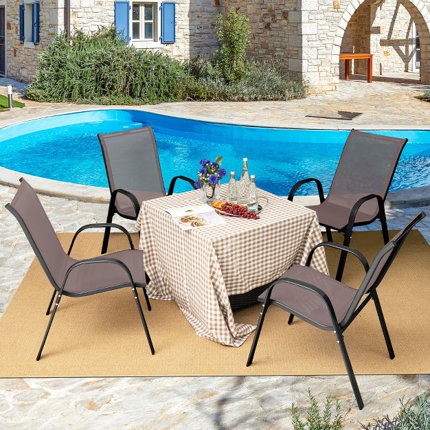 Tangkula 4pcs Patio Stacking Dining Chairs W Curved Armrests amp Breathable Seat Fabric Brown