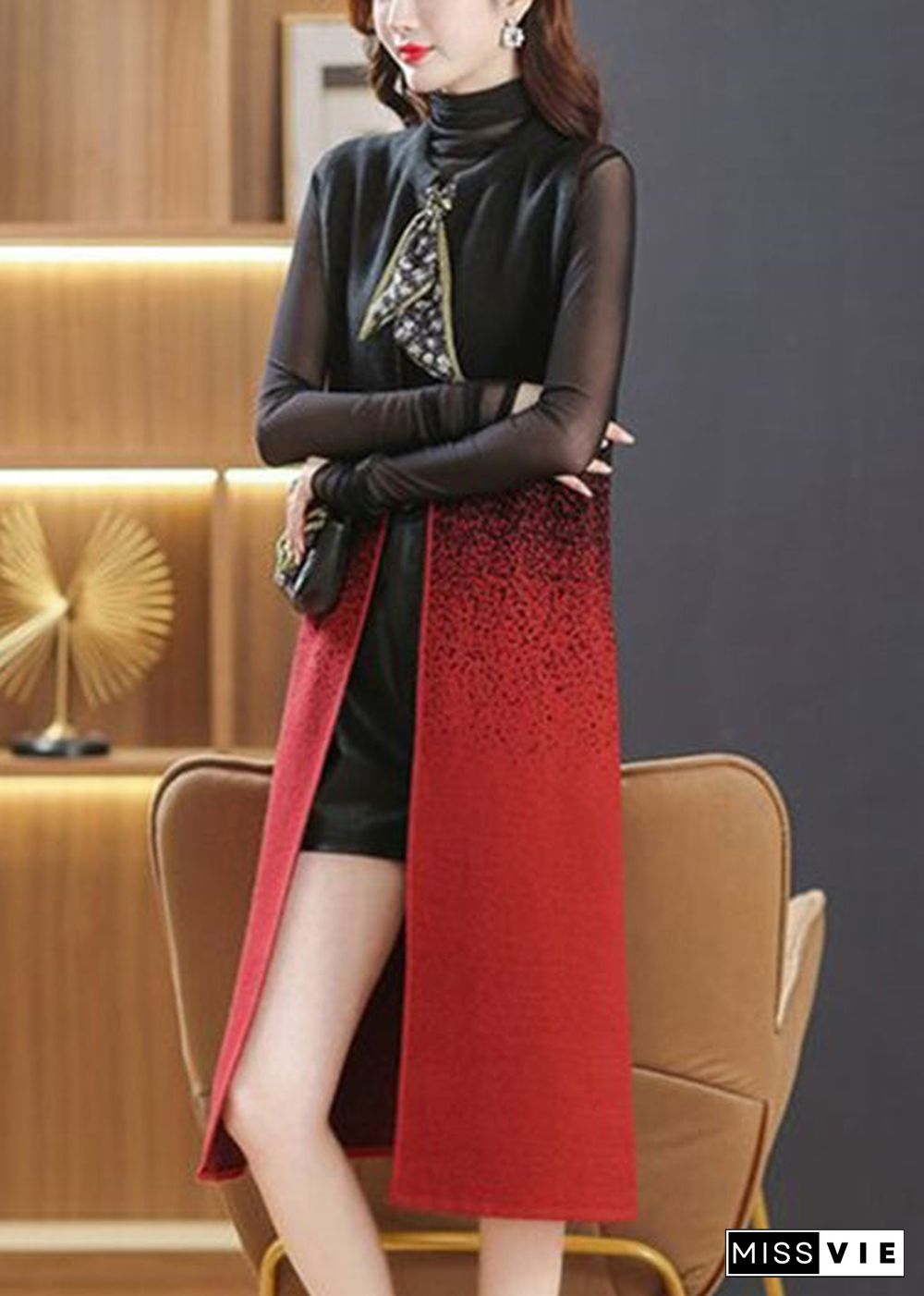 Women Black O Neck Pockets Lace Up Patchwork Woolen Long Waistcoat Sleeveless