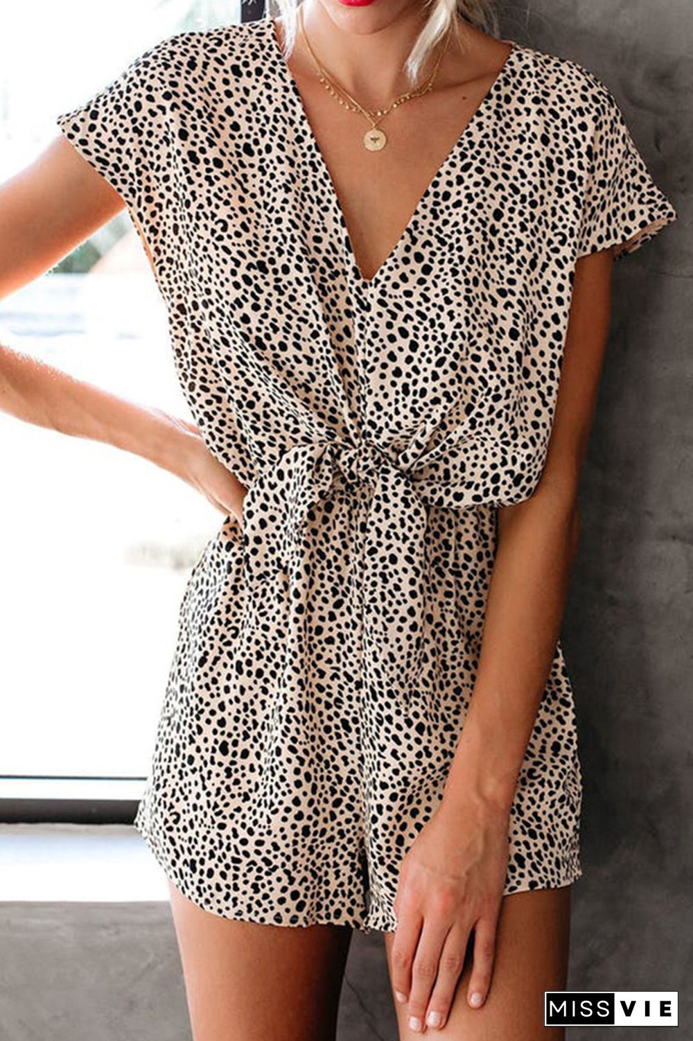 Leopard Print V-neck Backless Shorts Romper Wholesale