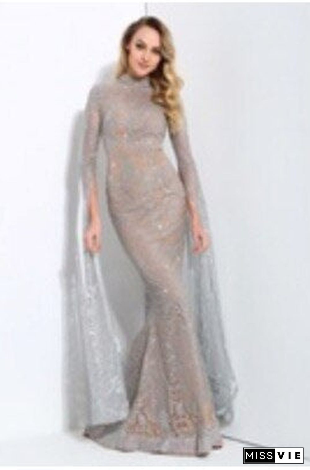 Rose Gold Cut Out Speaker Long Sleeve Geometry Glitter Glued Long Dress Lm80950