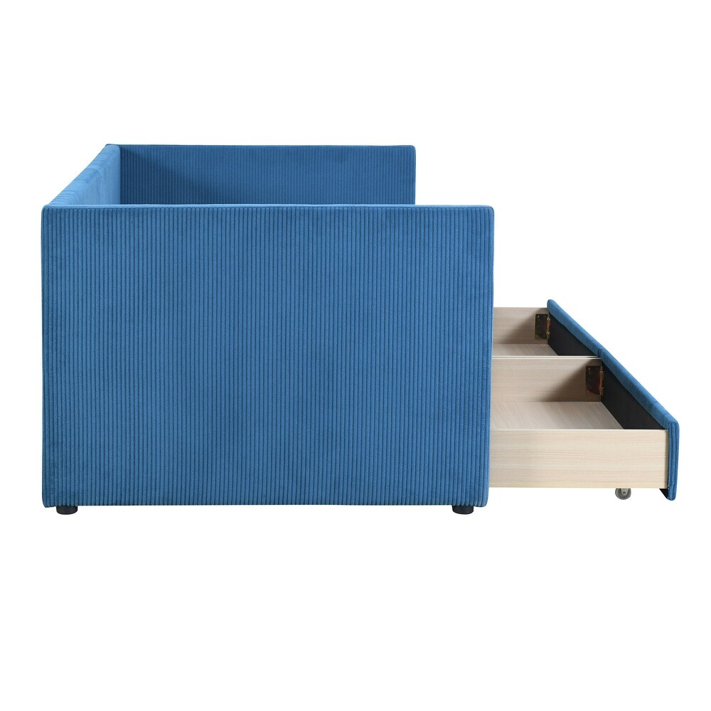 Blue Modern Twin Size Corduroy Daybed with 2 Large Storage Drawers and Solid Wood Slats Support  for Lawn Living Room Mild Rest