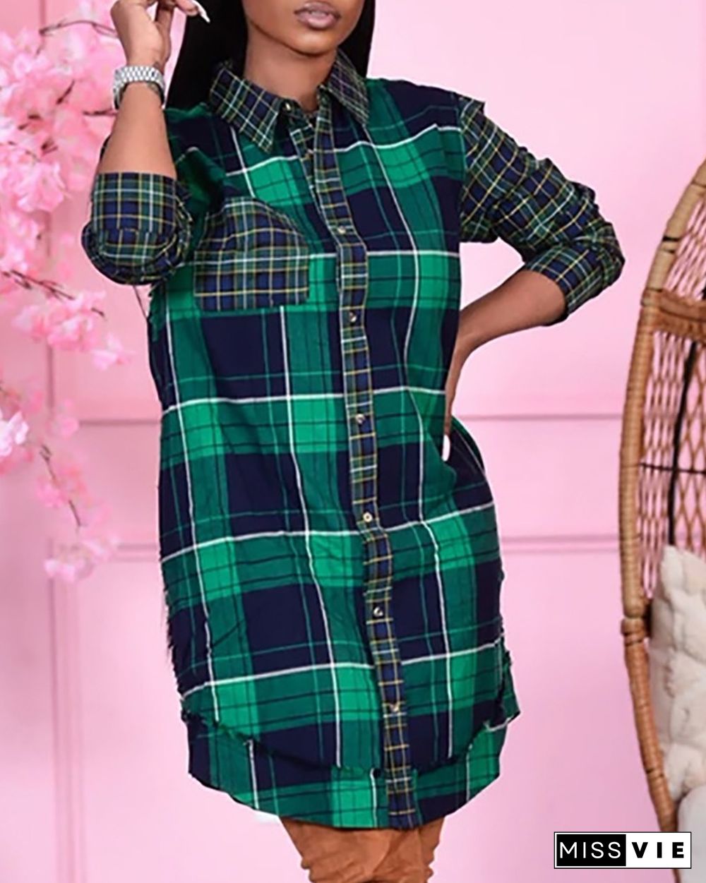 Button Pocket Design Plaid Print Shirt Dress