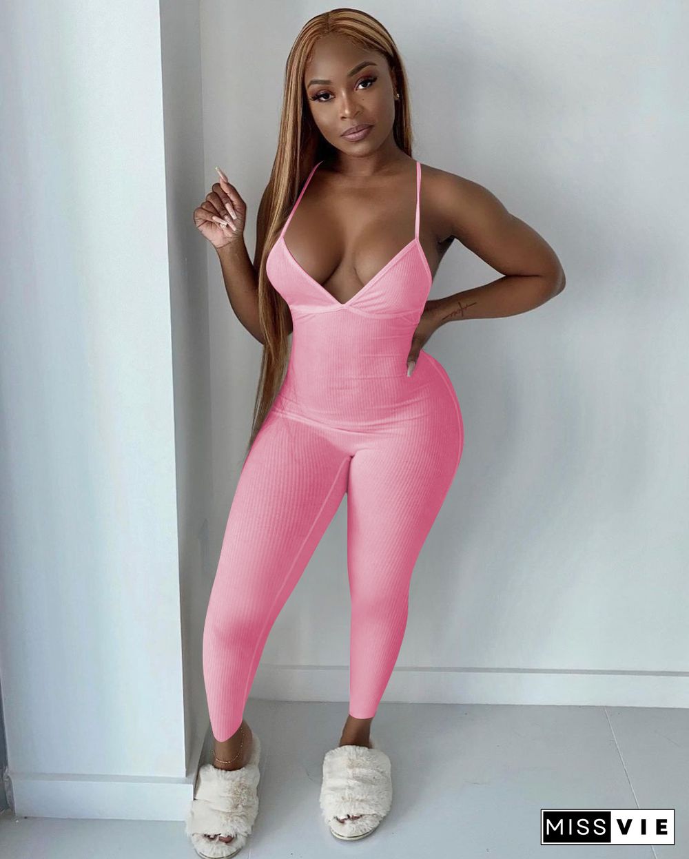 Women Sleeveless V-Neck Solid Ribbed Open Back Cross Summer Activewear Sexy One Piece Jumpsuit