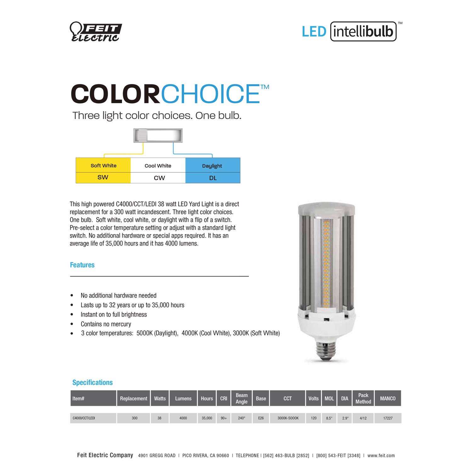 Feit LED Cylinder E26 (Medium) LED Bulb Color Changing 300 Watt Equivalence 1 pk