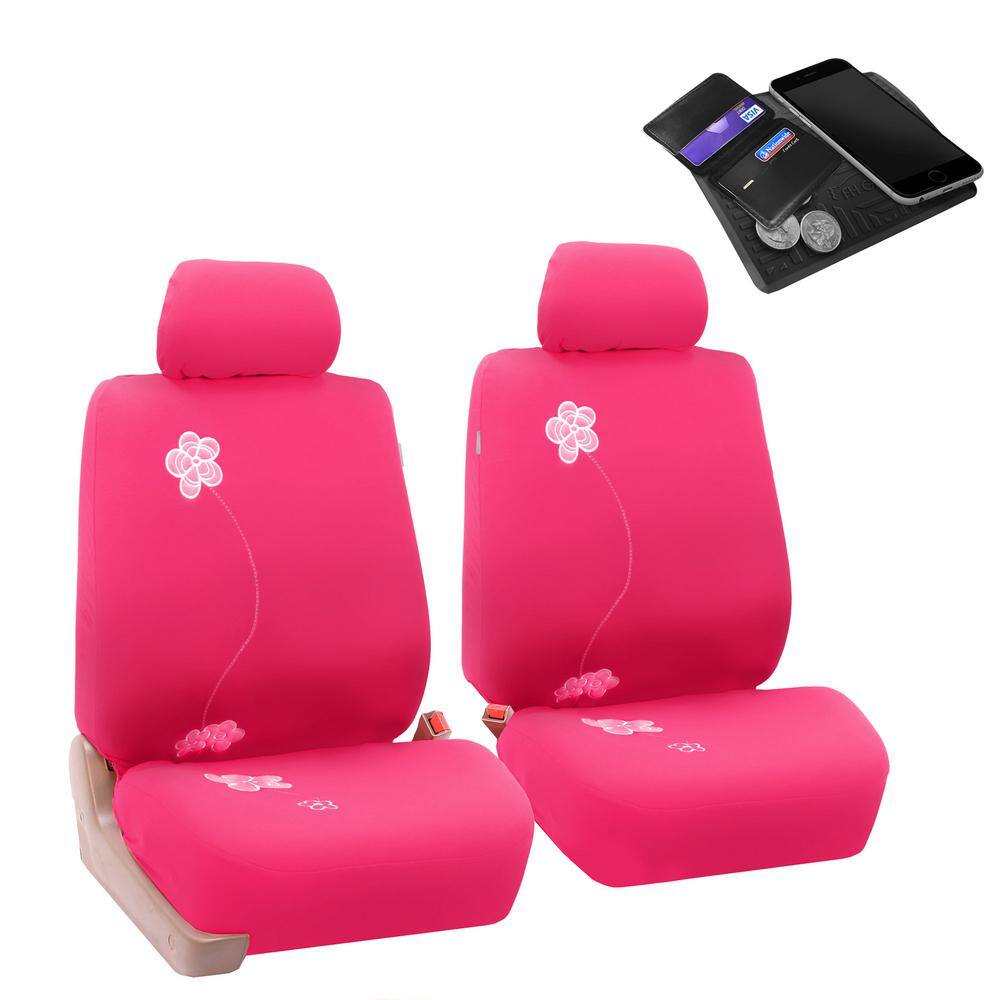 FH Group Fabric 47 in. x 23 in. x 1 in. Flower Embroidery Front Seat Covers DMFB053PINK102