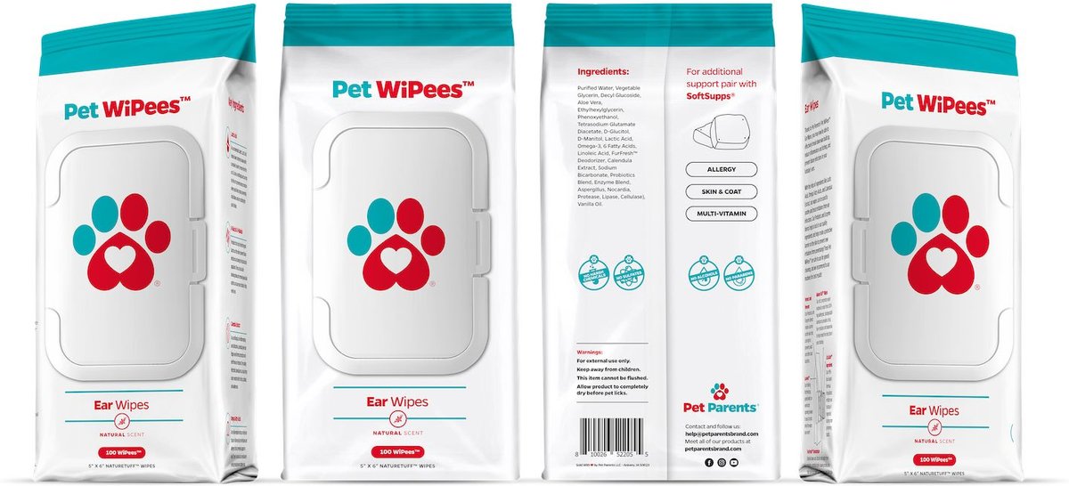 Pet Parents Pet WiPees Natural Scent Cat and Dog Ear Wipes， 100 count