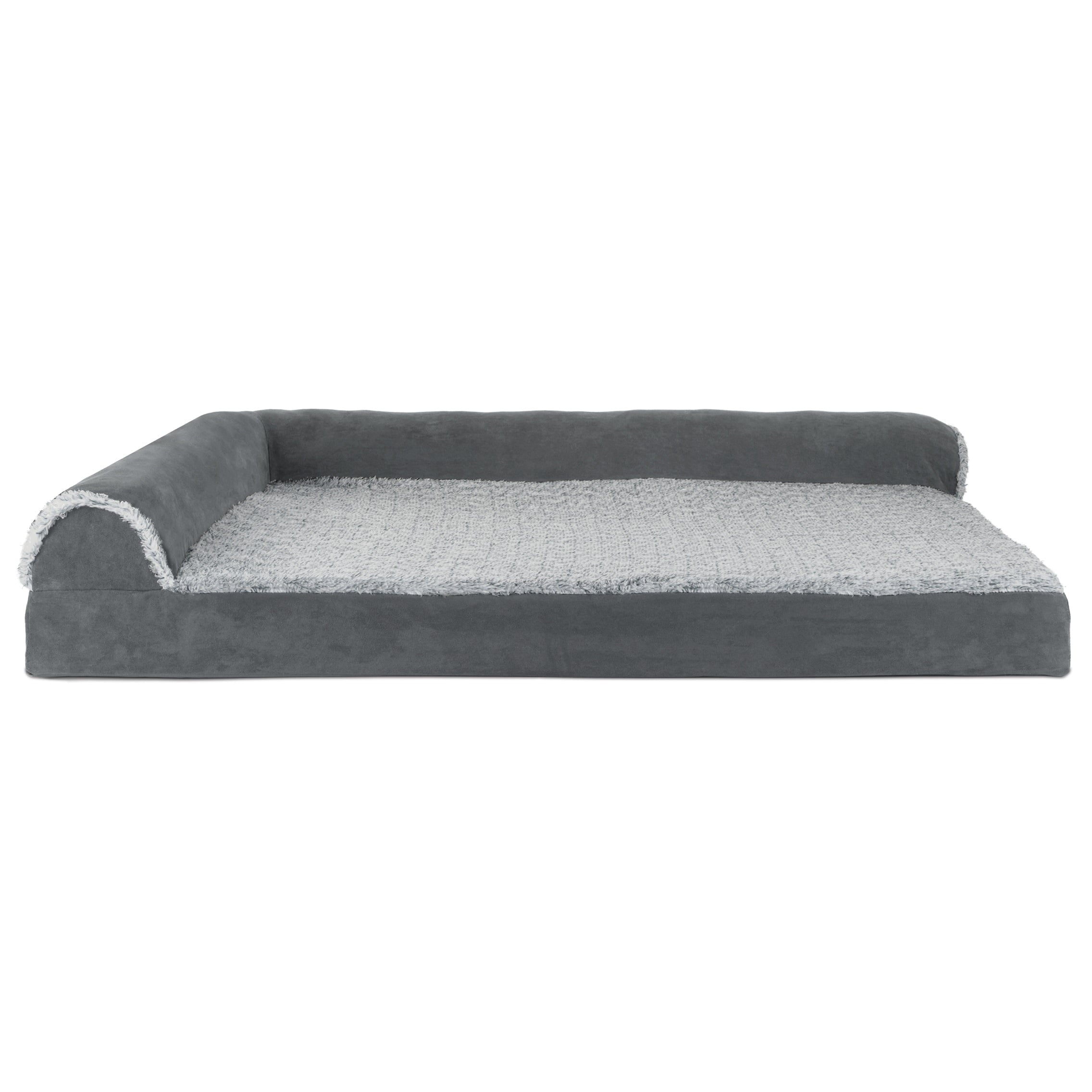 FurHaven Pet Products | Deluxe Memory Foam Chaise Faux Fur & Suede L-Shaped Lounge Sofa Pet Bed for Dogs & Cats, Stone Gray, Jumbo