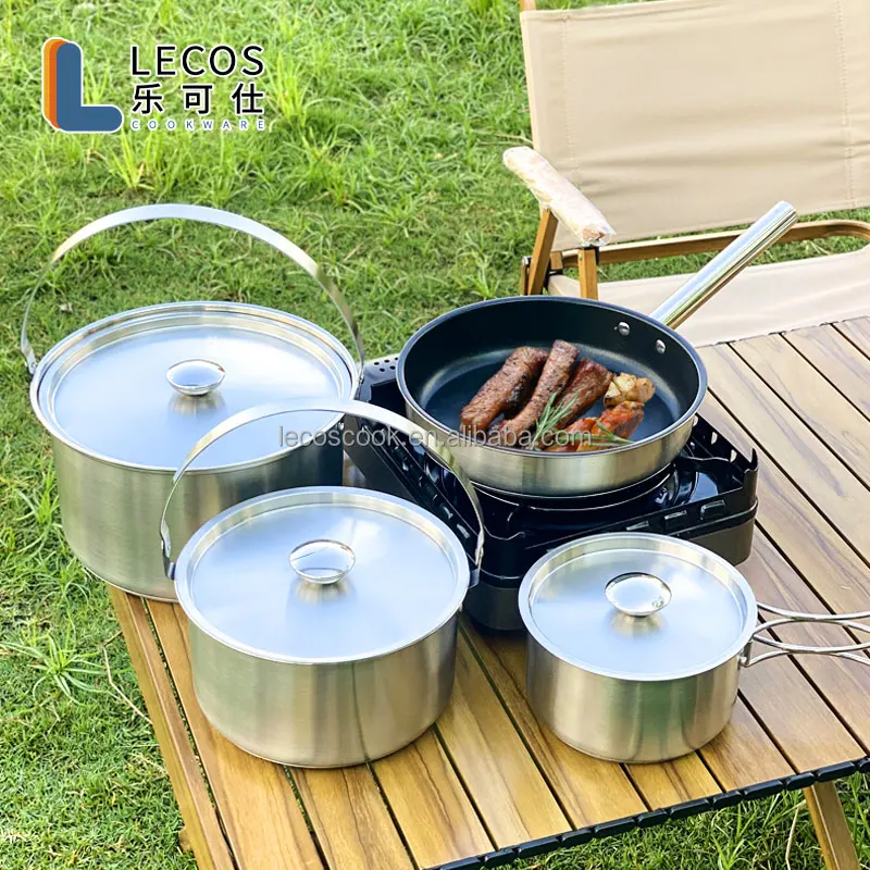 Stainless Steel Camping Cook Pot with Lid and Folding Handle Camping Cookware Large Capacity Bento Pot for Camping  Hiking