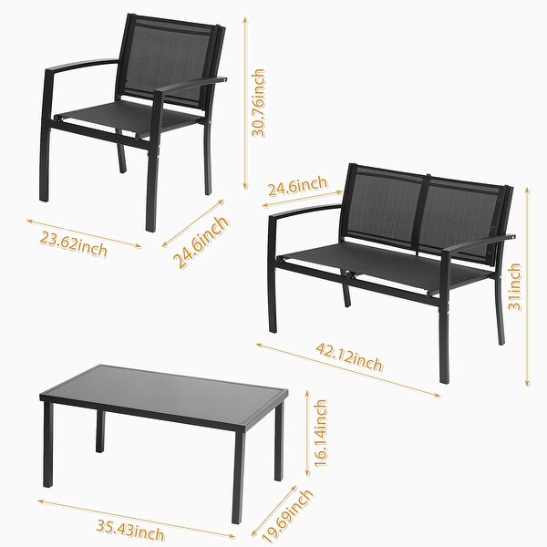 4 Pieces Black Outdoor Conversation Sets with Glass Coffee Table - Overstock - 37475800