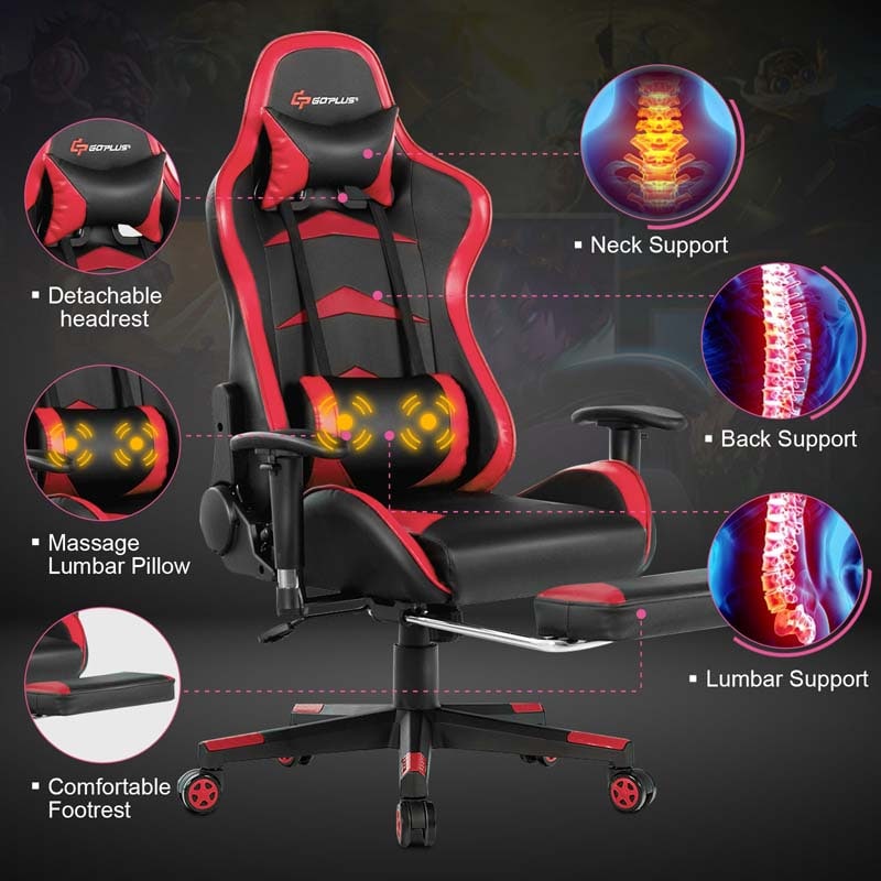 PU Leather Massage Gaming Chair with Footrest, Height Adjustable High Back Ergonomic Gamer Racing Recliner, Swivel PC Game Chair Office Chair