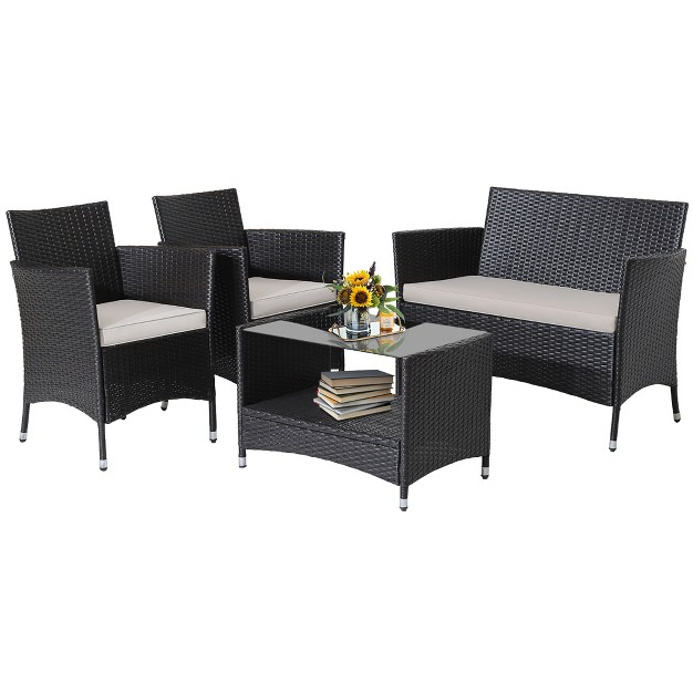 Tangkula 4pcs Outdoor Sofa Set Patio Rattan Wicker Conversation Set W Coffee Table