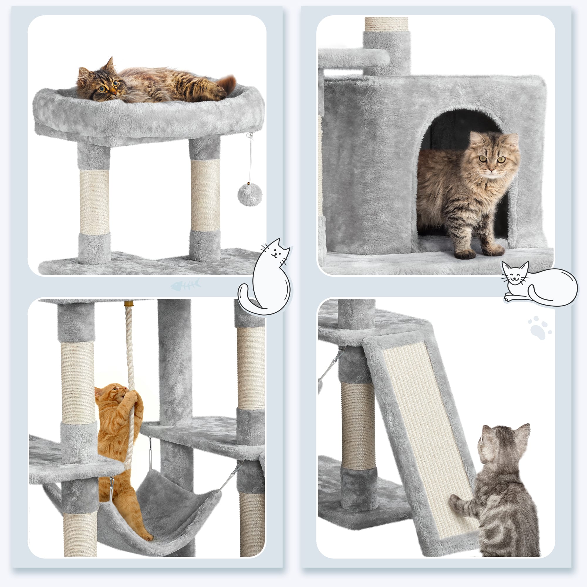 Topeakmart Light Gray 4-Level Plush Cat Tree with Hammock for Kittens， 63