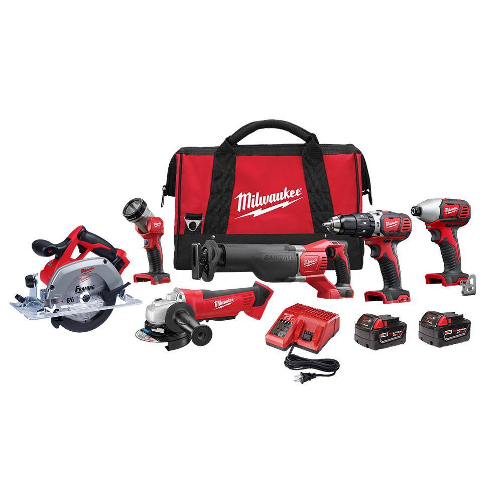 MW M18 18V Lithium-Ion Cordless Combo Tool Kit (6-Tool) with Two 3.0 Ah Batteries 1 Charger 1 Tool Bag 2696-26