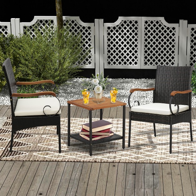 Costway Patio Pe Wicker Chairs Acacia Wood Armrests With Soft Zippered Cushion Garden