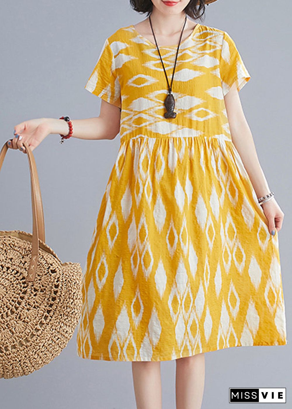 Bohemian Yellow O-Neck Wrinkled Print Cotton Beach Dresses Short Sleeve