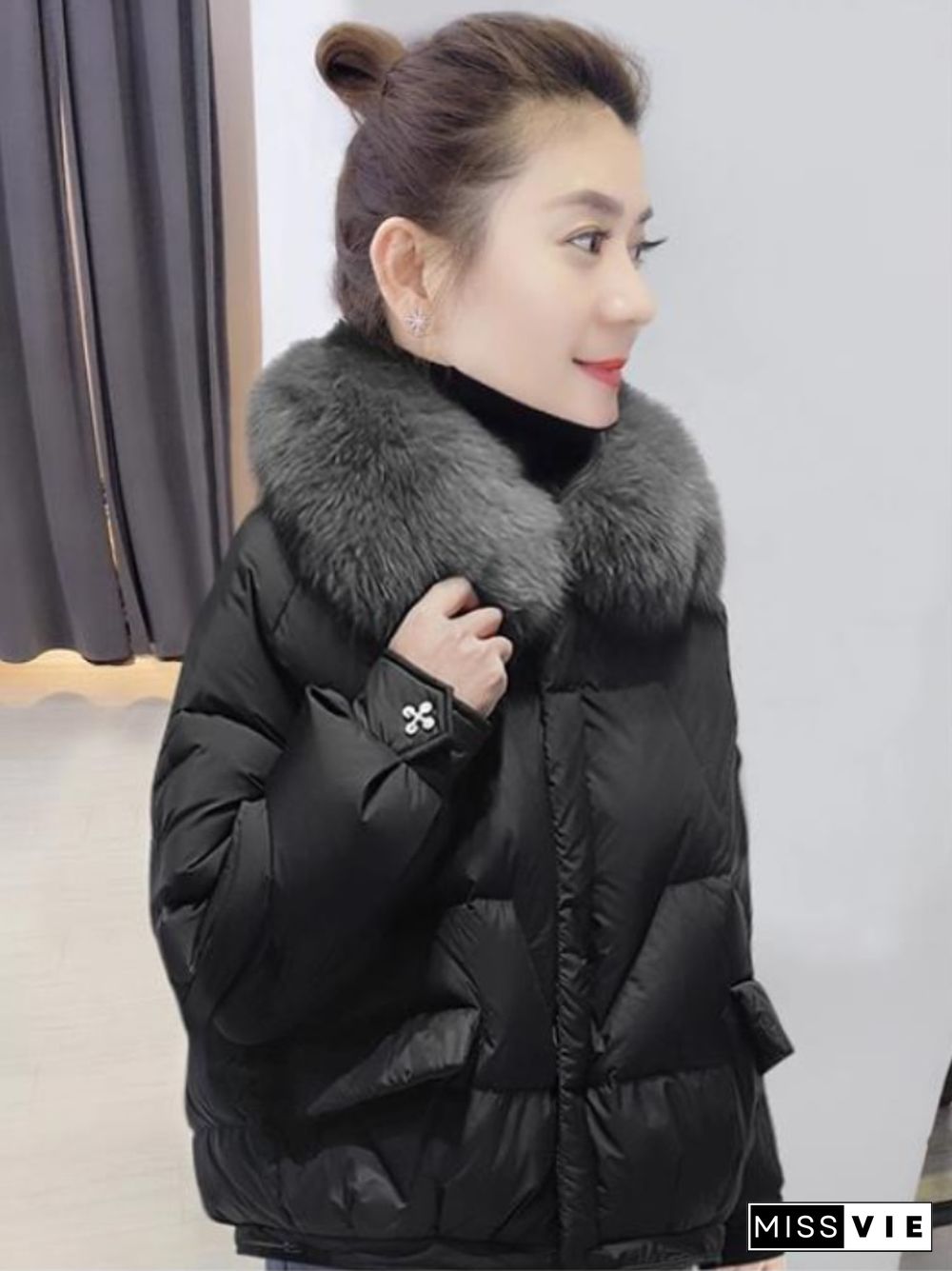 Winter Clothes Women New Wool Collar Cotton Jacket Women's Loose Shiny Cotton Jacket Fashion Casual Oversized Coat Jacket Women