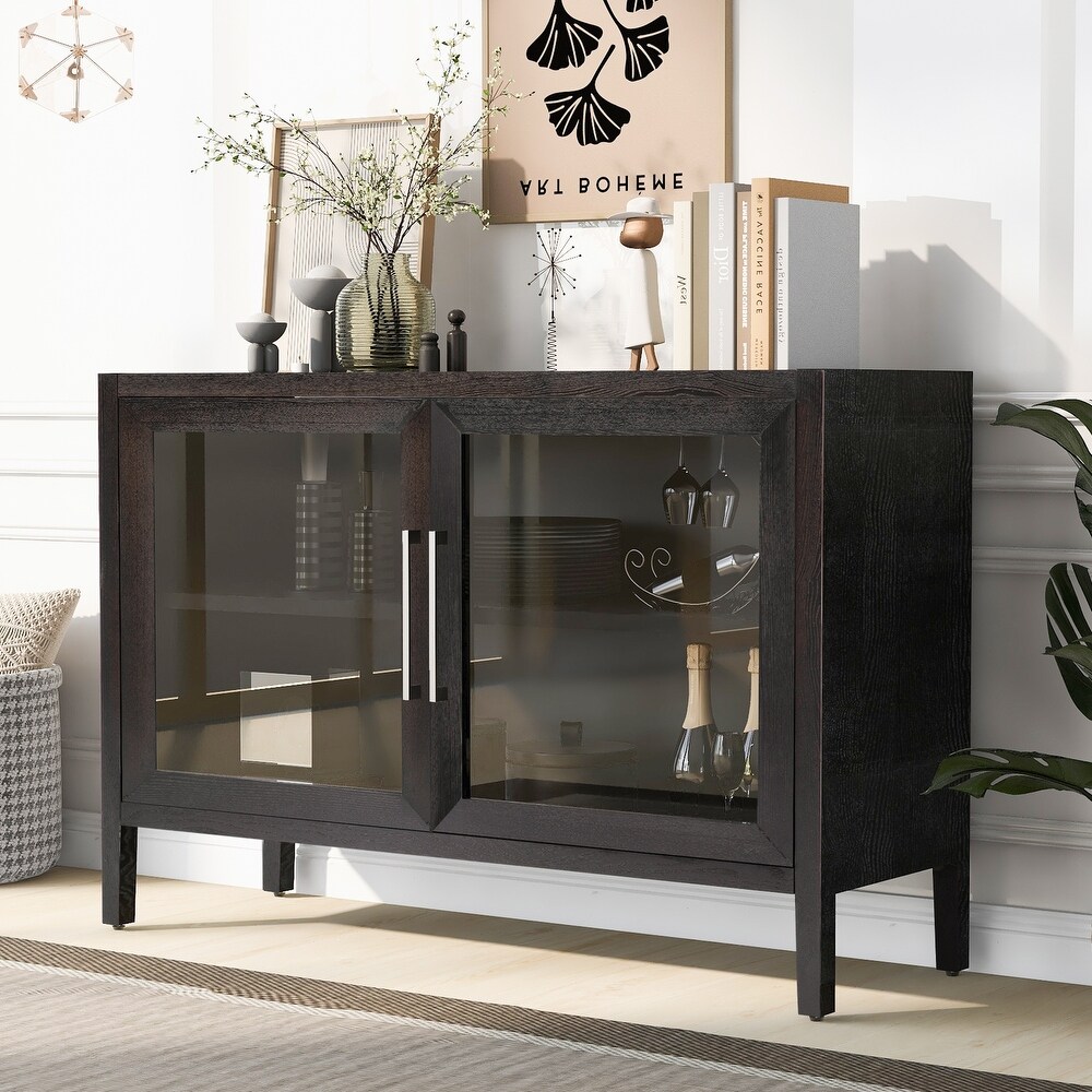 Wood Storage Cabinet with Two Tempered Glass Doors  Four Legs and Adjustable Shelf