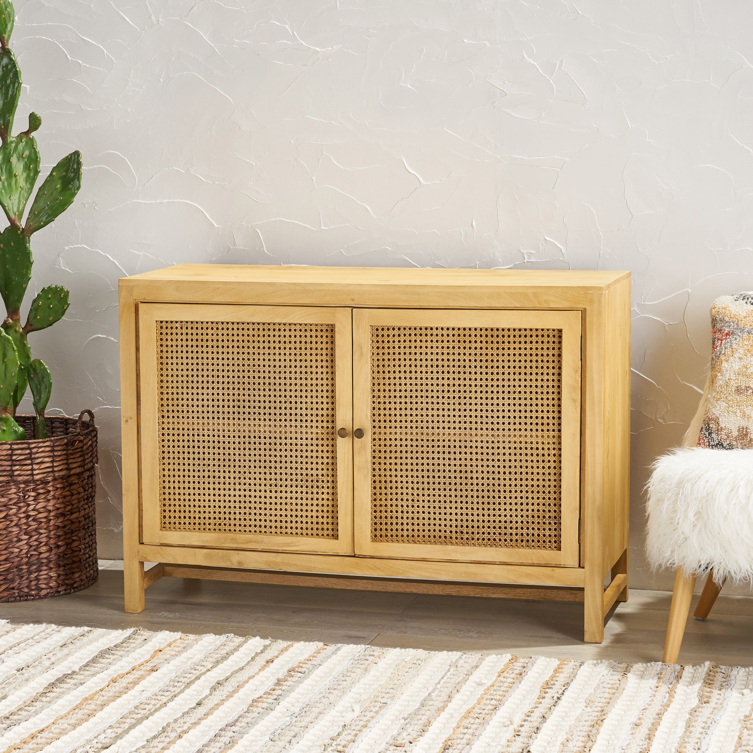 Viola Boho 2 Door Mango Wood Cabinet with Wicker Caning