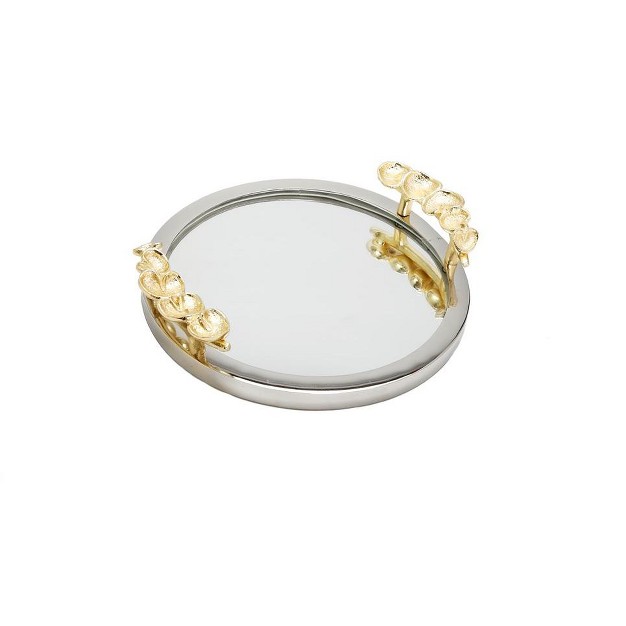 Classic Touch Round Mirror Tray With Silver Border And Gold Leaf Ornament On Handle