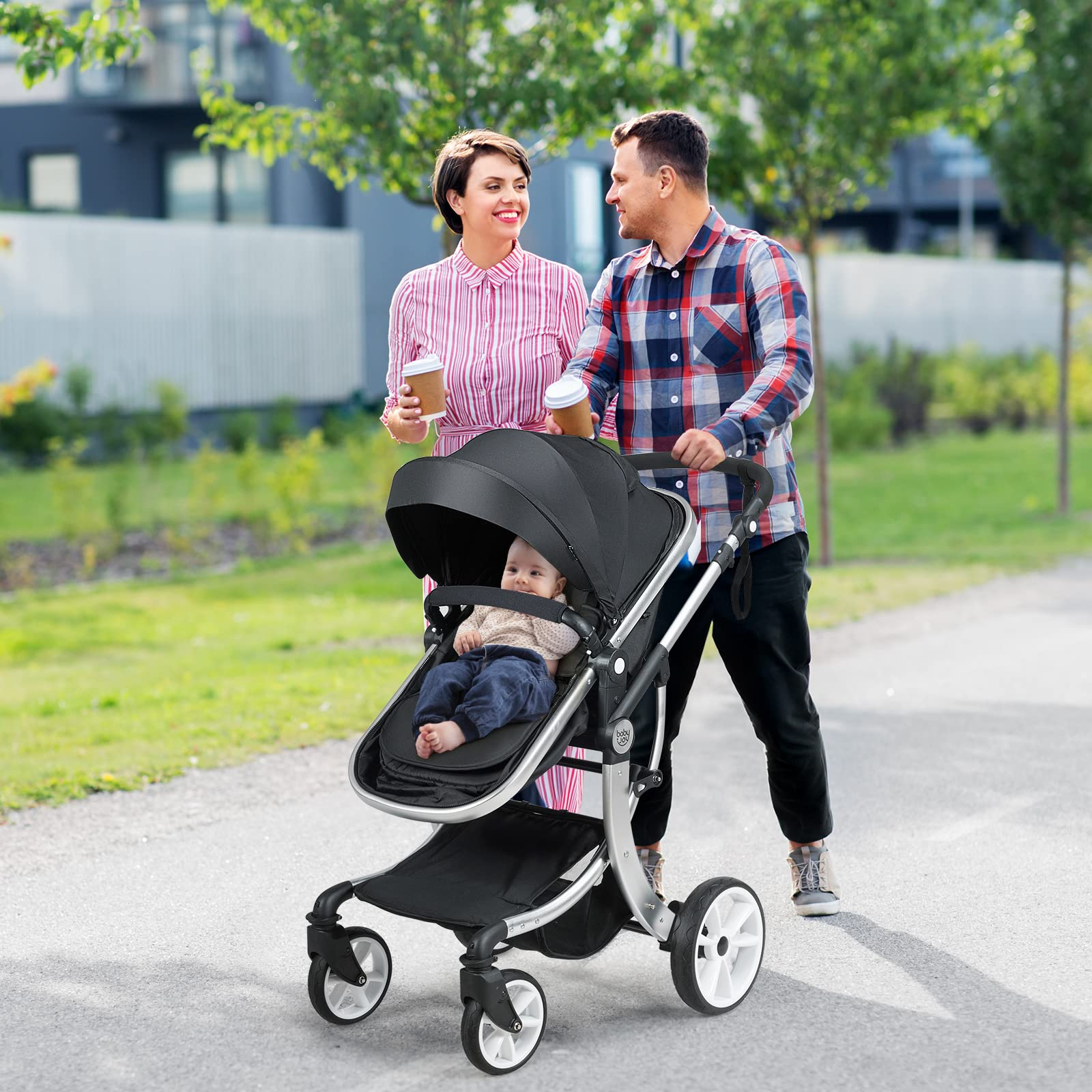 BABY JOY 2-in-1 High Landscape Baby Stroller, Reversible Bassinet Reclining Stroller