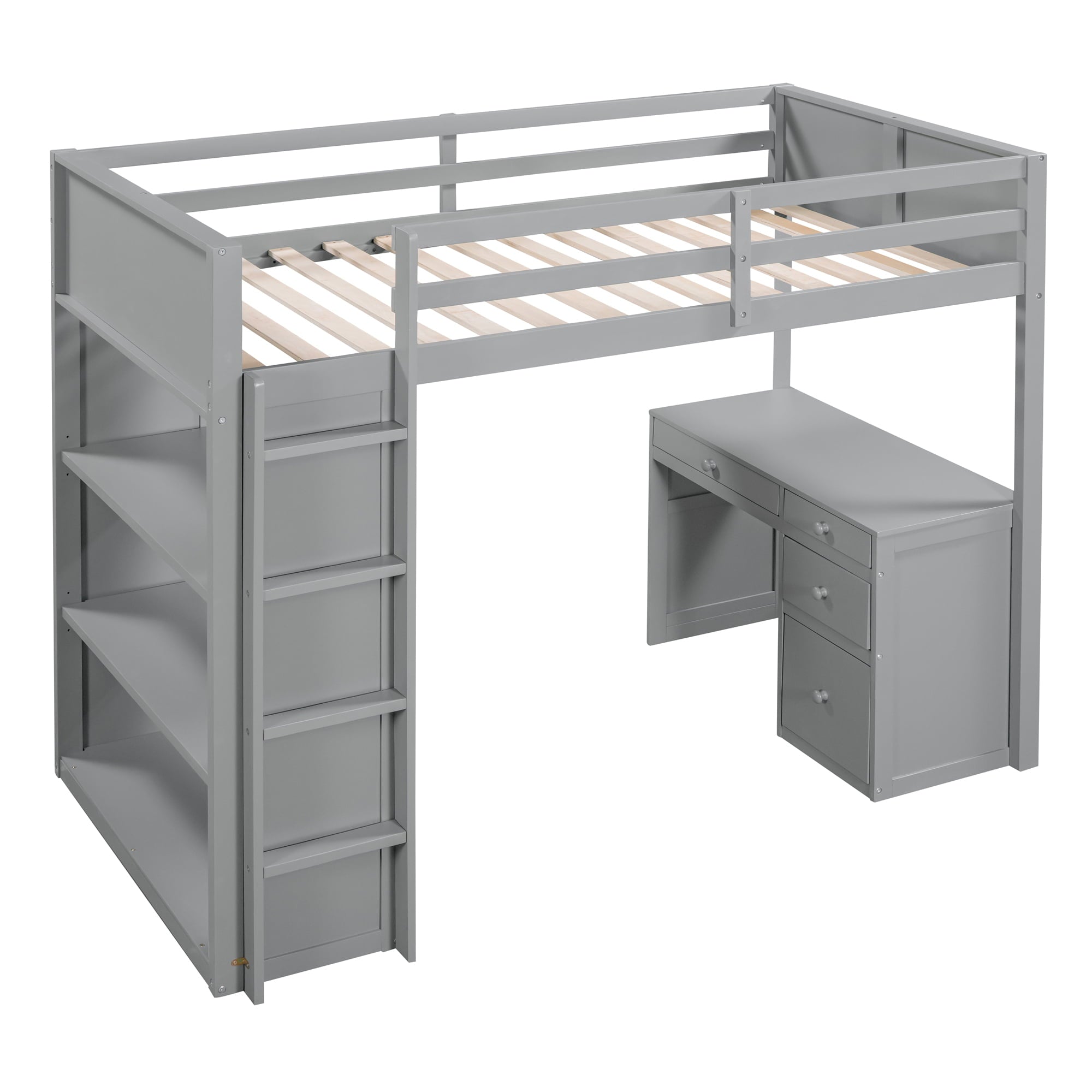 Bellemave Full Size Loft Bed with Desk and Shelves, Wood High Loft Bed Frame with Storage and Ladder, for Kids Teens Adults, Gray