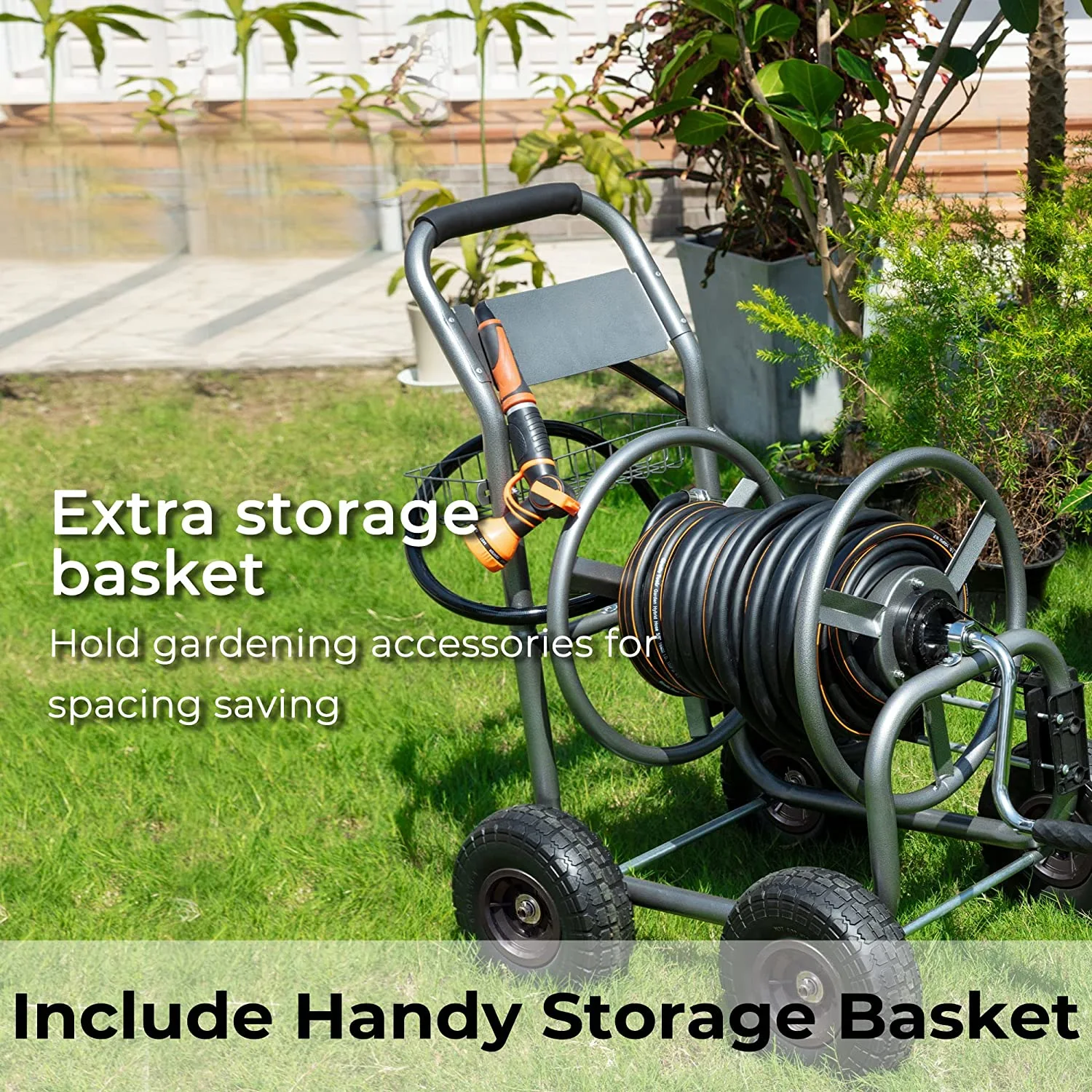 Hose Reel Cart, Hose Reel Cart with Wheels Heavy Duty, Industrial Hose Reels for Outside, 250-Feet of 5/8